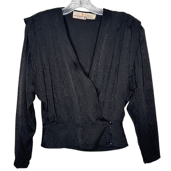 Vintage Liz Claiborne 100% Silk Wrap Blouse Black Jacquard 80s Small - Picture 2 of 13